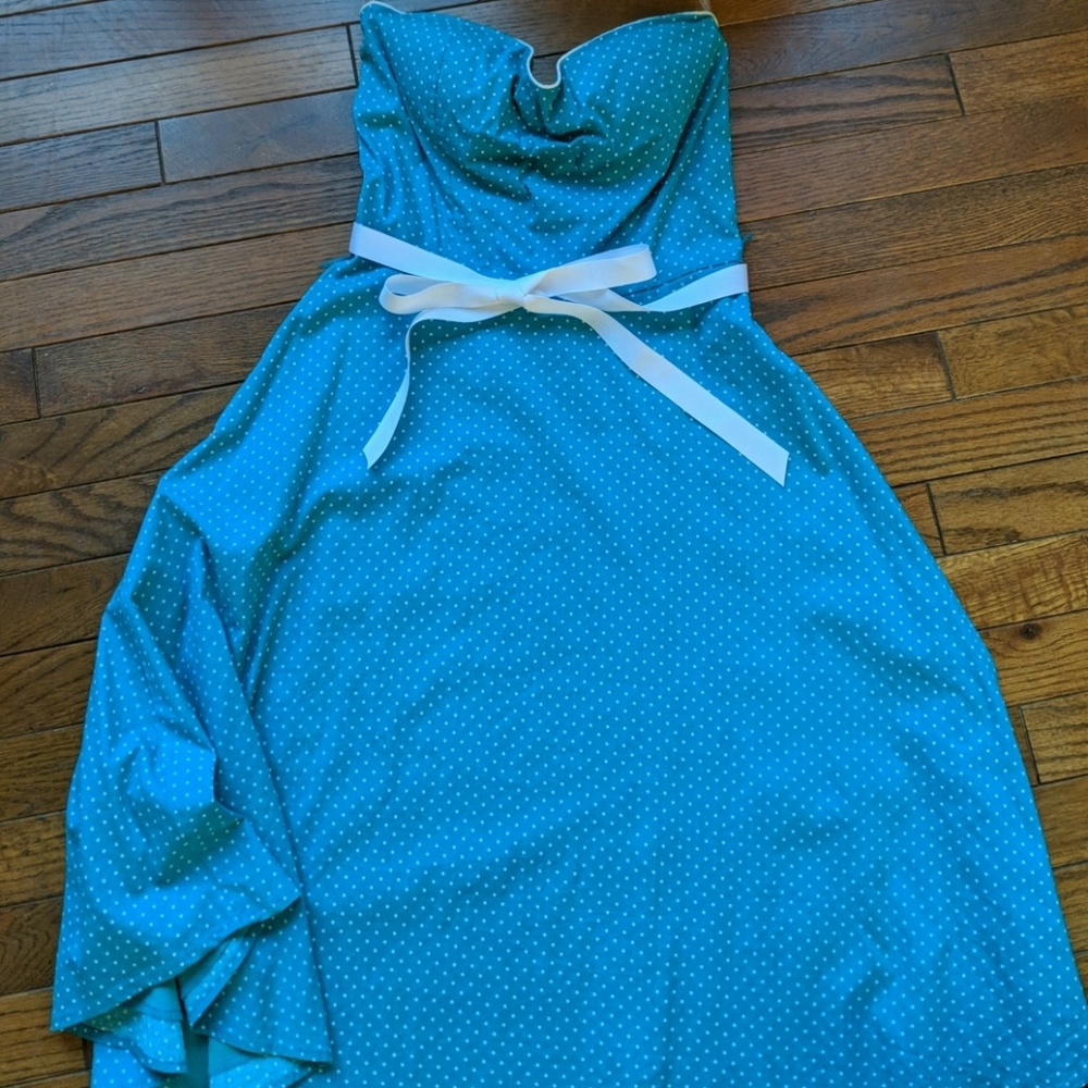 Teal with white polka dots strapless dress